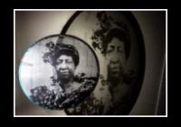 ELIDIA, Cantadora and head of the group. Bahia Solano, Chocó , Colombia. handprinted on organza, mounted on hoop with african fabric. 8”